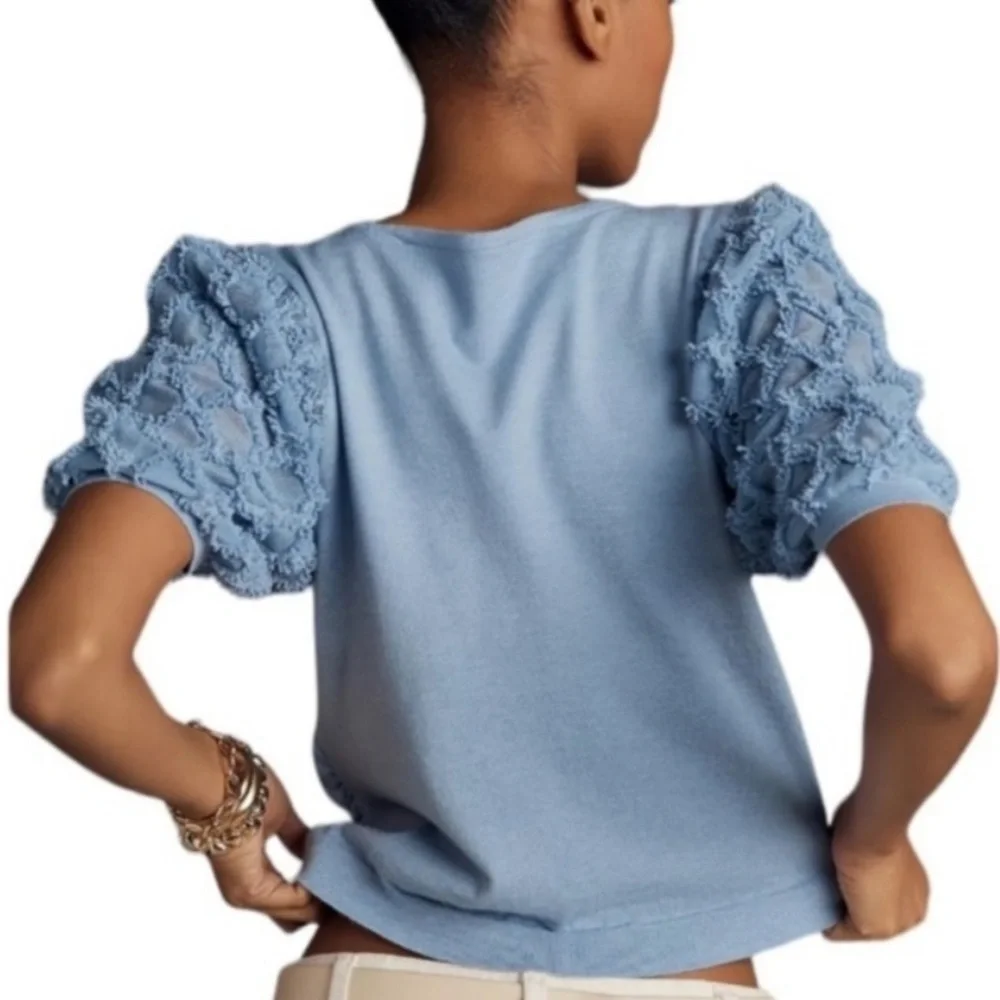NWT ANTHROPOLOGIE Ruched Short Sleeve Lace Puff Sleeve Crop Top Size Medium